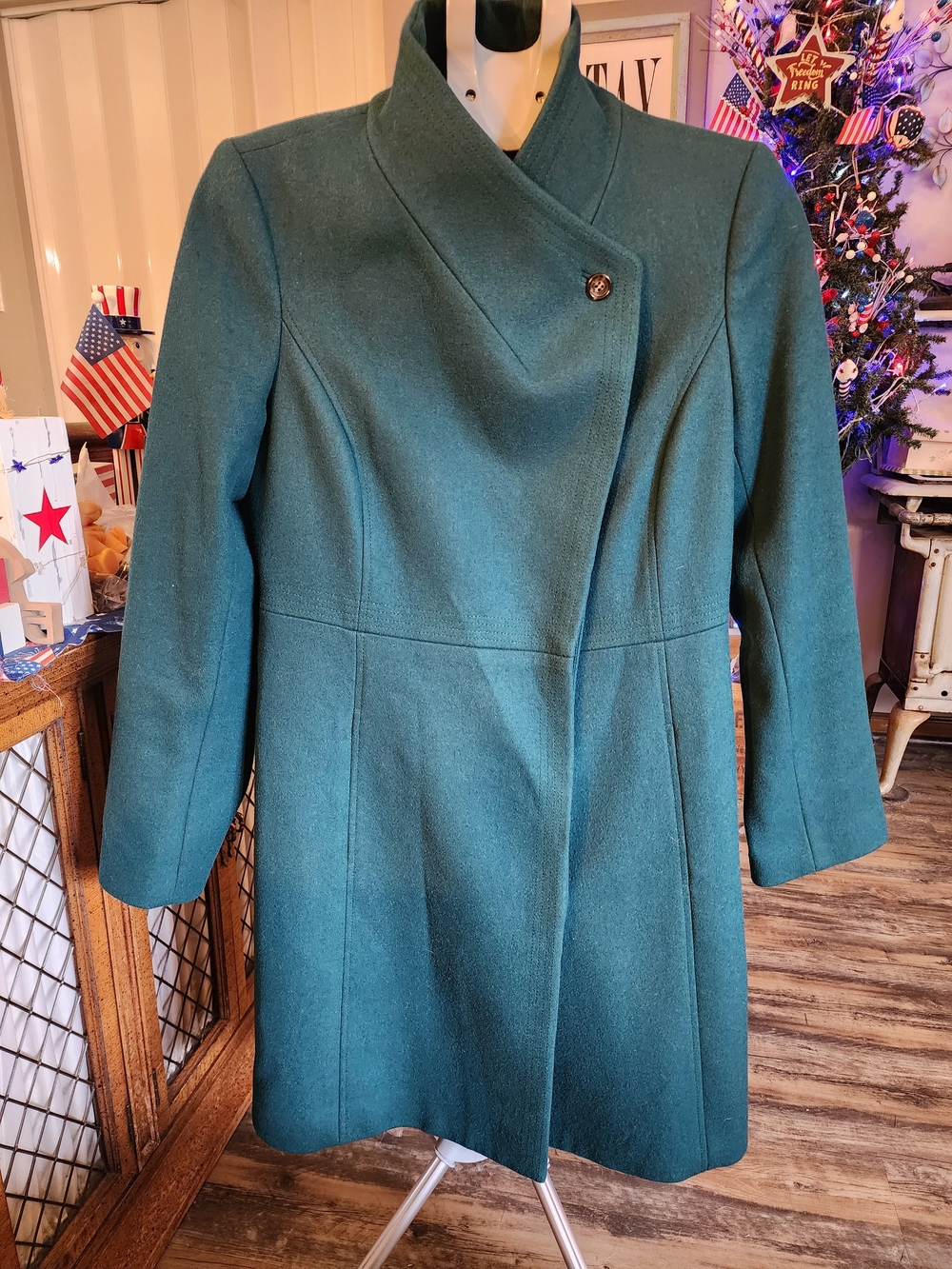 Talbots Size 8 Women's Forest Green Asymmetric Wool-Blend Trench Coat